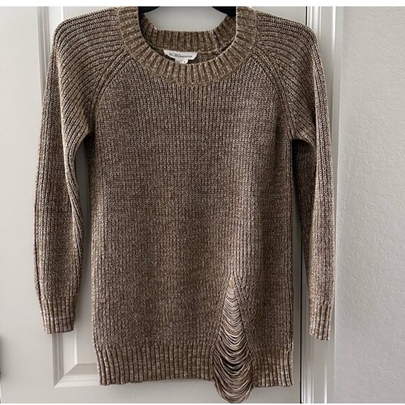 BCBGeneration Sweaters - BCBGeneration Womens Long Sleeve Knit Sweater With Distressed Hem Beige Size S